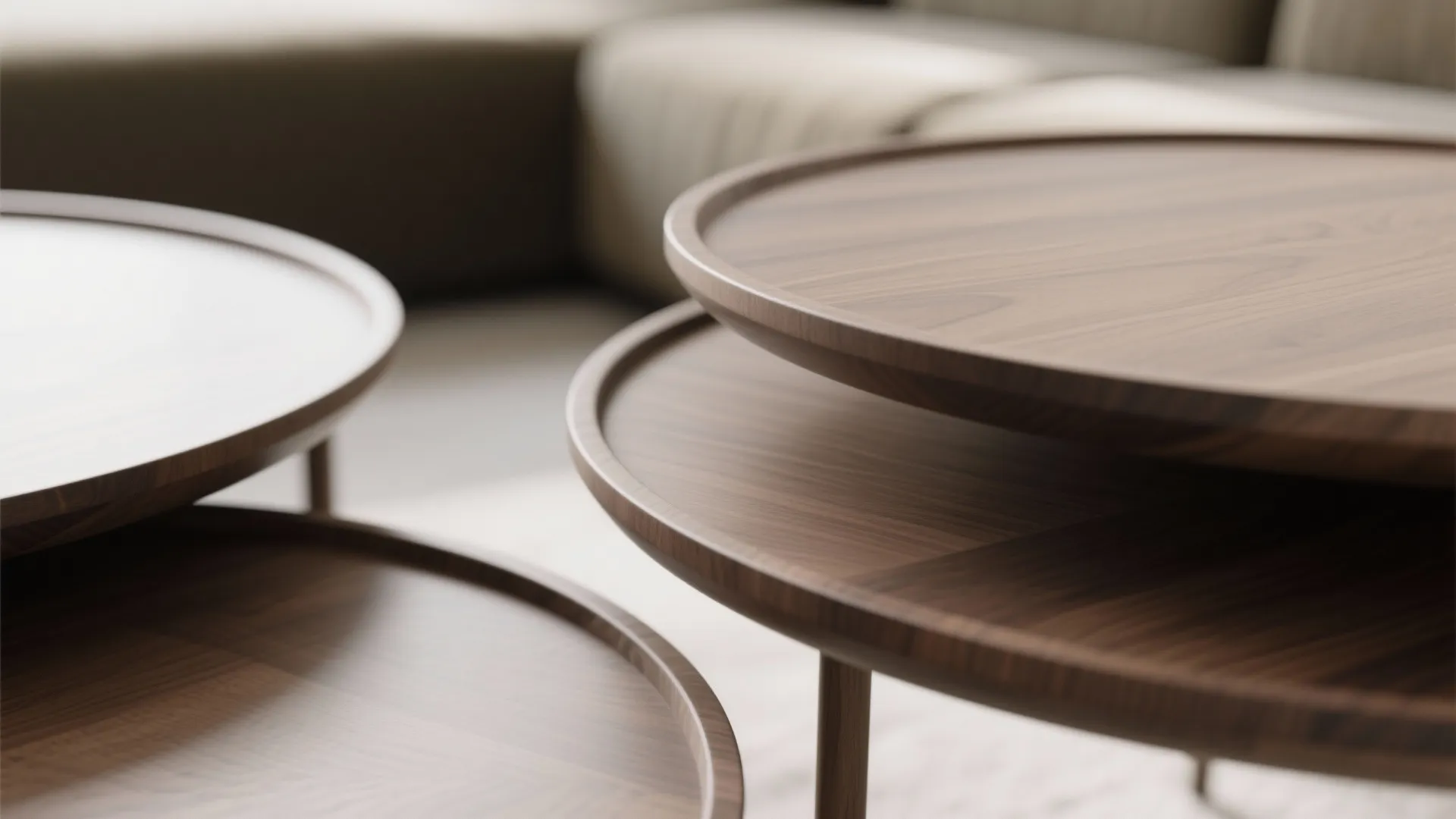 Close up view of round dark wood coffee tables with raised edges in living room