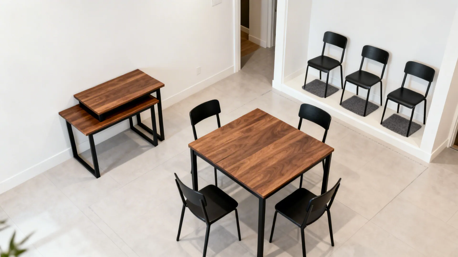 Top-down view showing nesting tables expanding and stacking chairs stored in a niche.