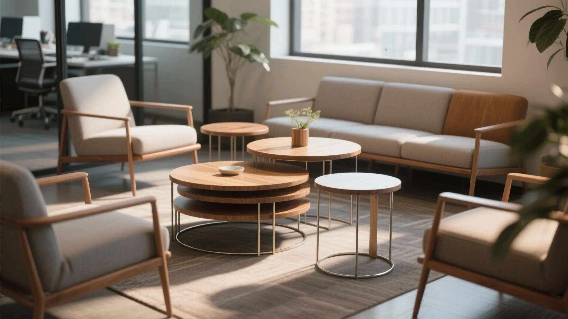 Modern office lounge area with round wooden nesting coffee tables grey chairs and a long sofa