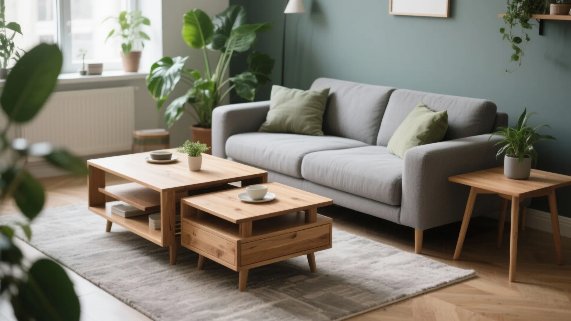 Modern living room with grey sofa green pillows wooden coffee tables rug and potted indoor plants