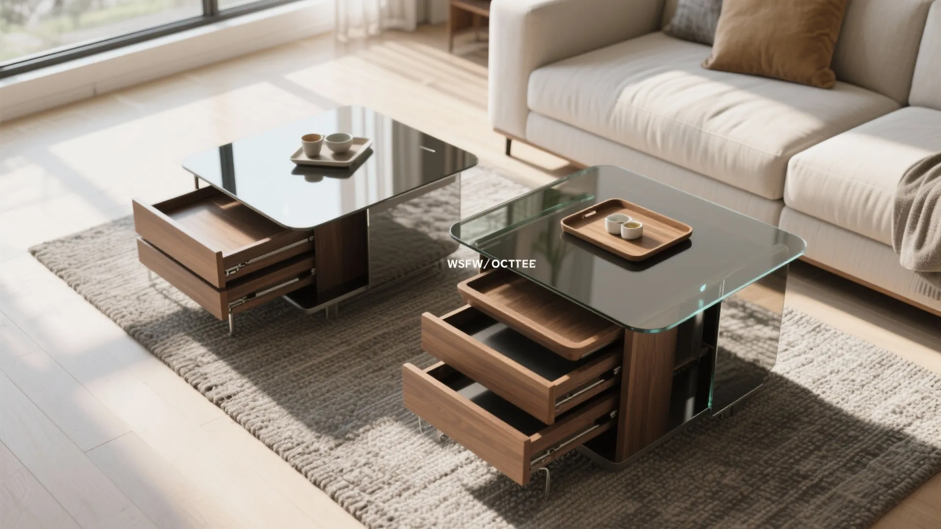 Two glass coffee tables with wooden drawers and storage on a grey rug near a sofa