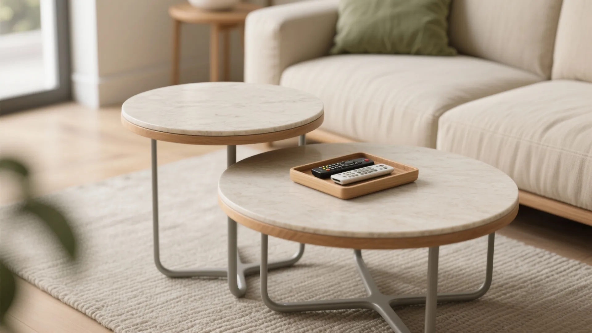 Close-up of rounded nesting tables beside a slim sofa, with a small tray for remotes on a light rug in soft daylight.