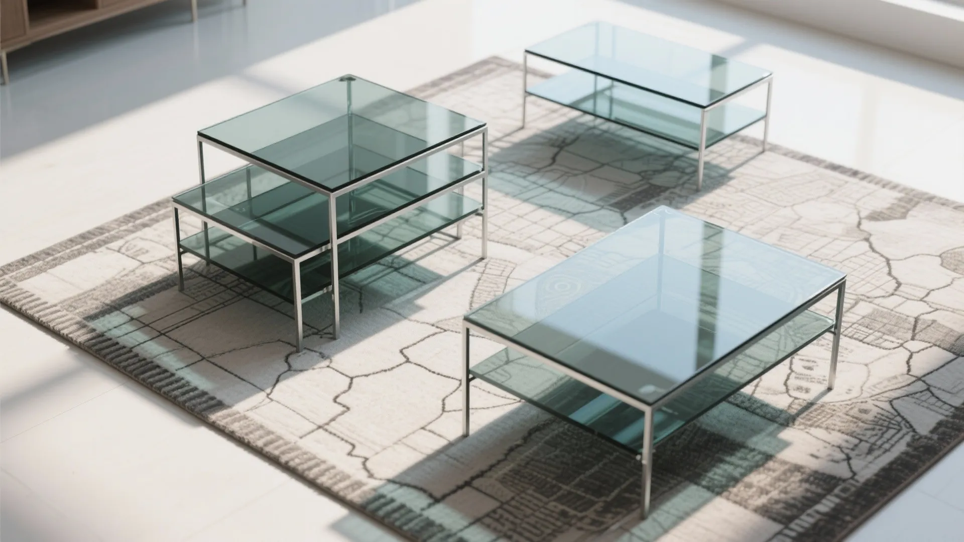 Modern rectangular glass nesting tables with metal frames placed on a patterned rug in room