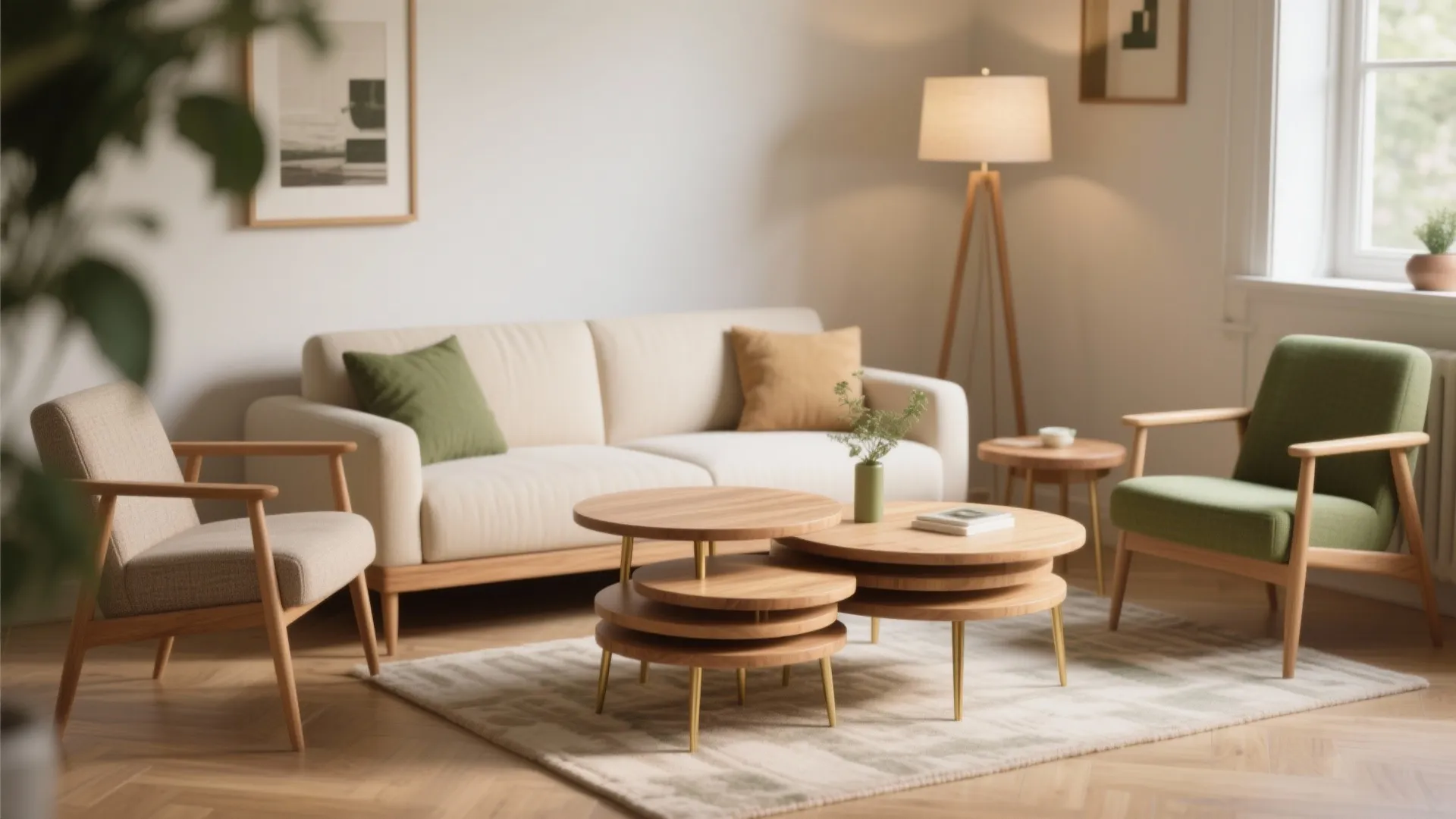 Modern living room featuring a cream sofa wood nesting coffee tables and a floor lamp