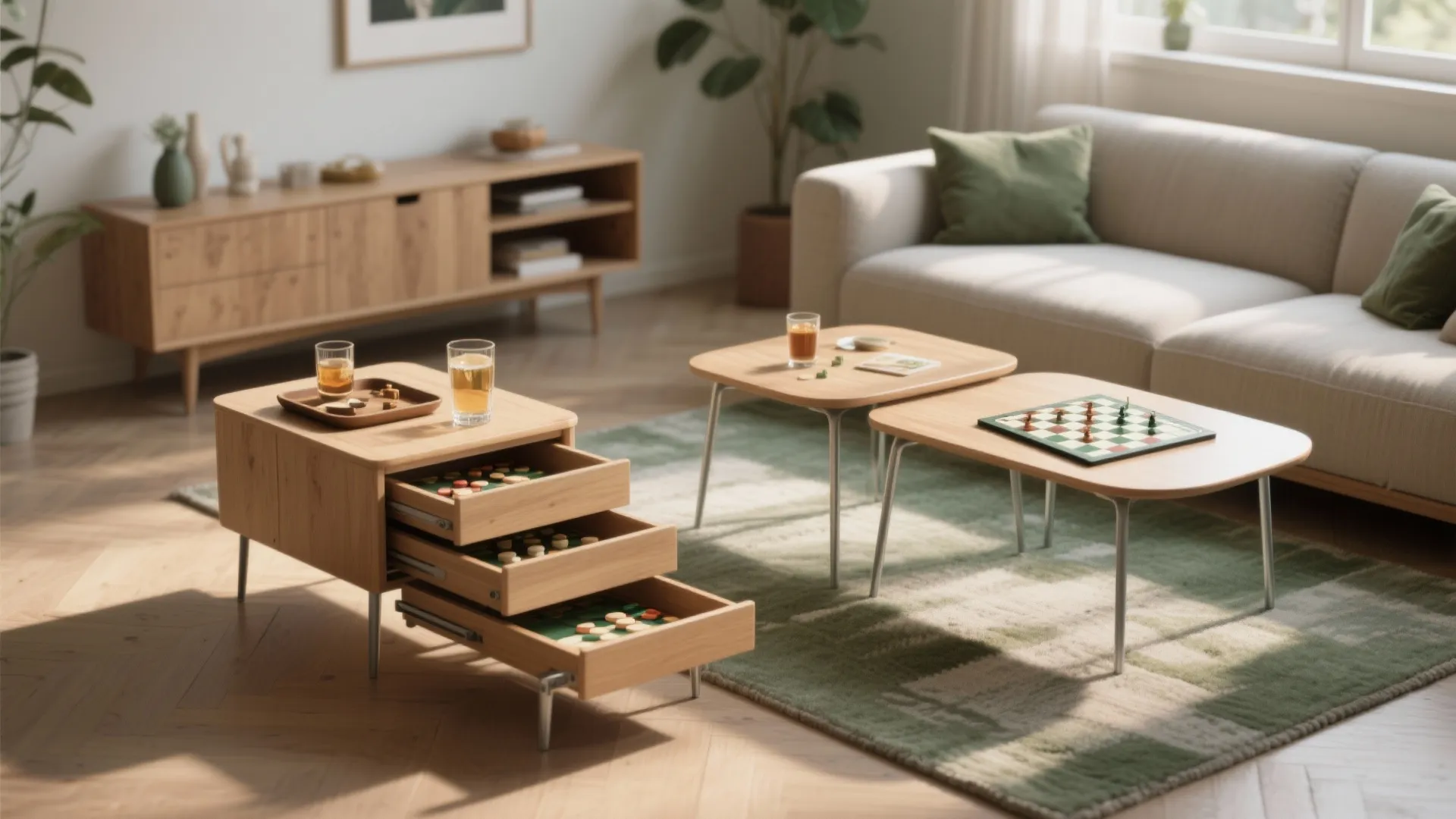 Three wooden coffee tables with drawers holding board games placed on a green patterned rug