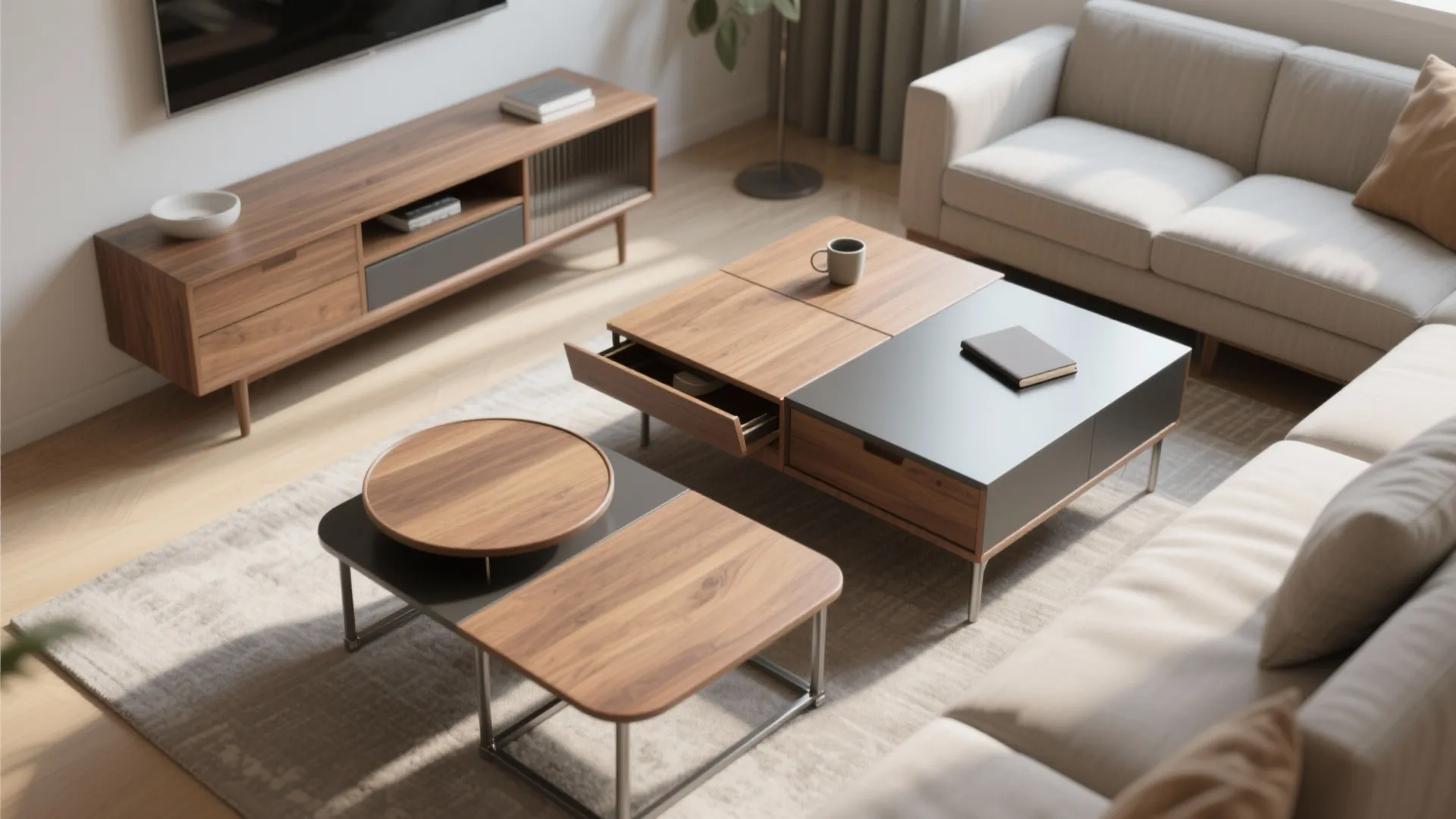 Modern living room with wooden nesting coffee tables and a matching cabinet on light floor