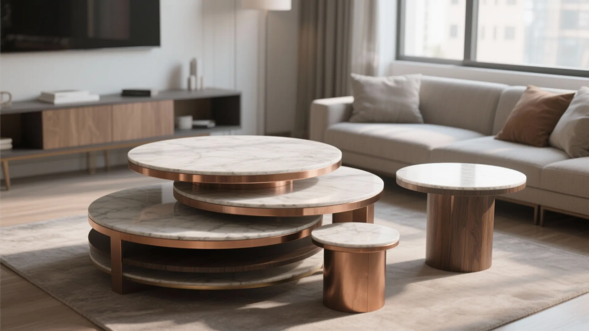 Modern living room featuring round marble nesting coffee tables with metallic frames and grey sofa