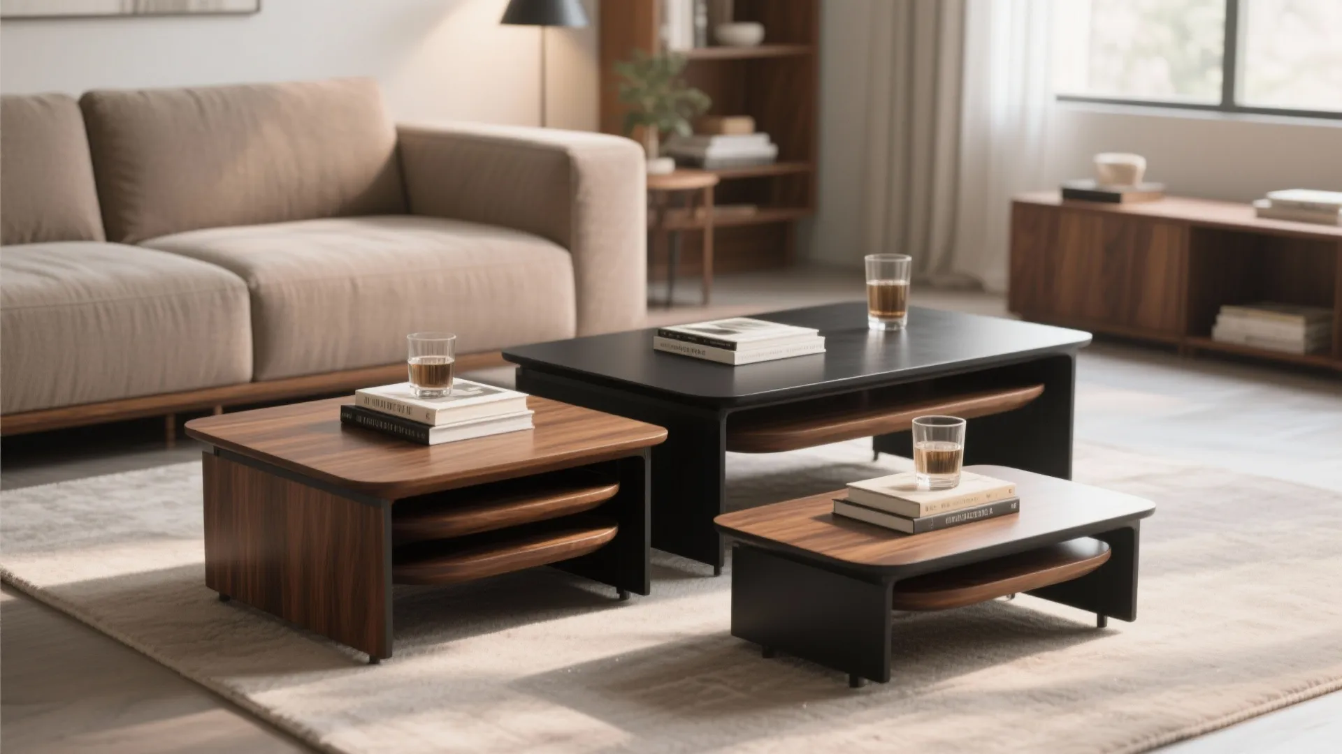 Three nesting coffee tables with wood and black finishes on a rug in living room