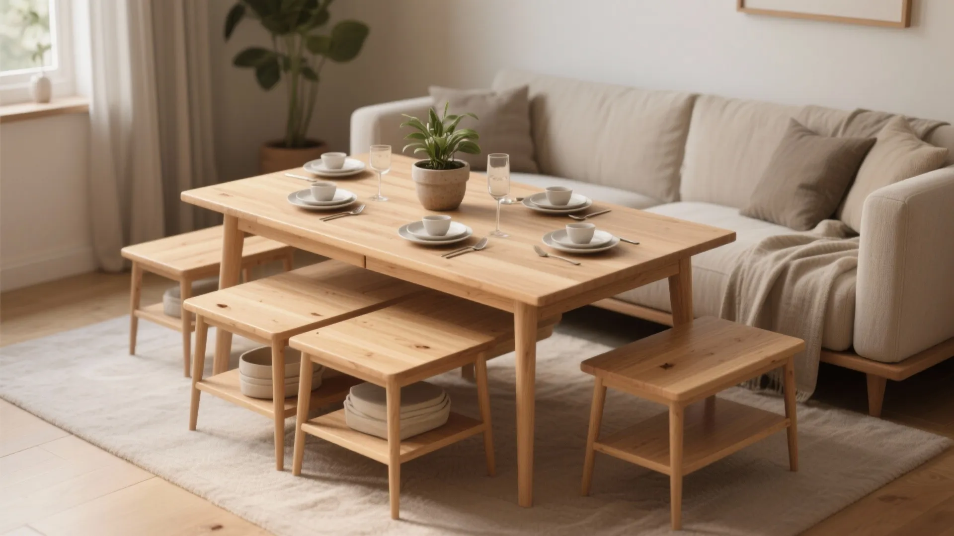Wooden dining table with four small benches tucked underneath on a rug near a sofa