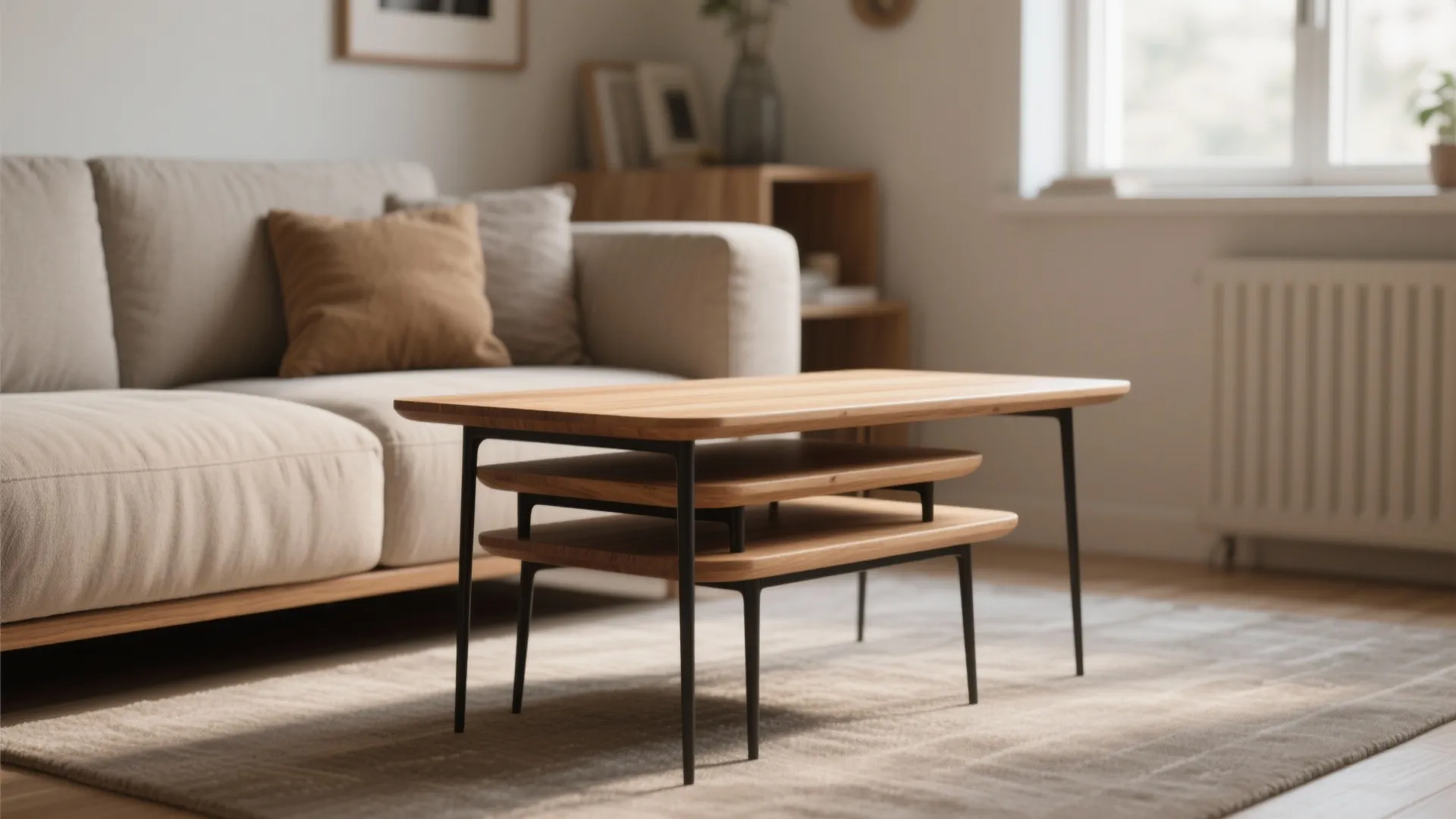 Set of three wooden nesting coffee tables with black metal legs on a grey rug