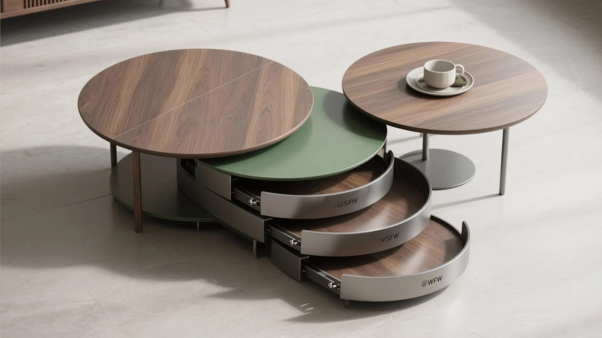 Top-down flatlay of nesting round tables and convertible furniture demonstrating compact storage and scale.