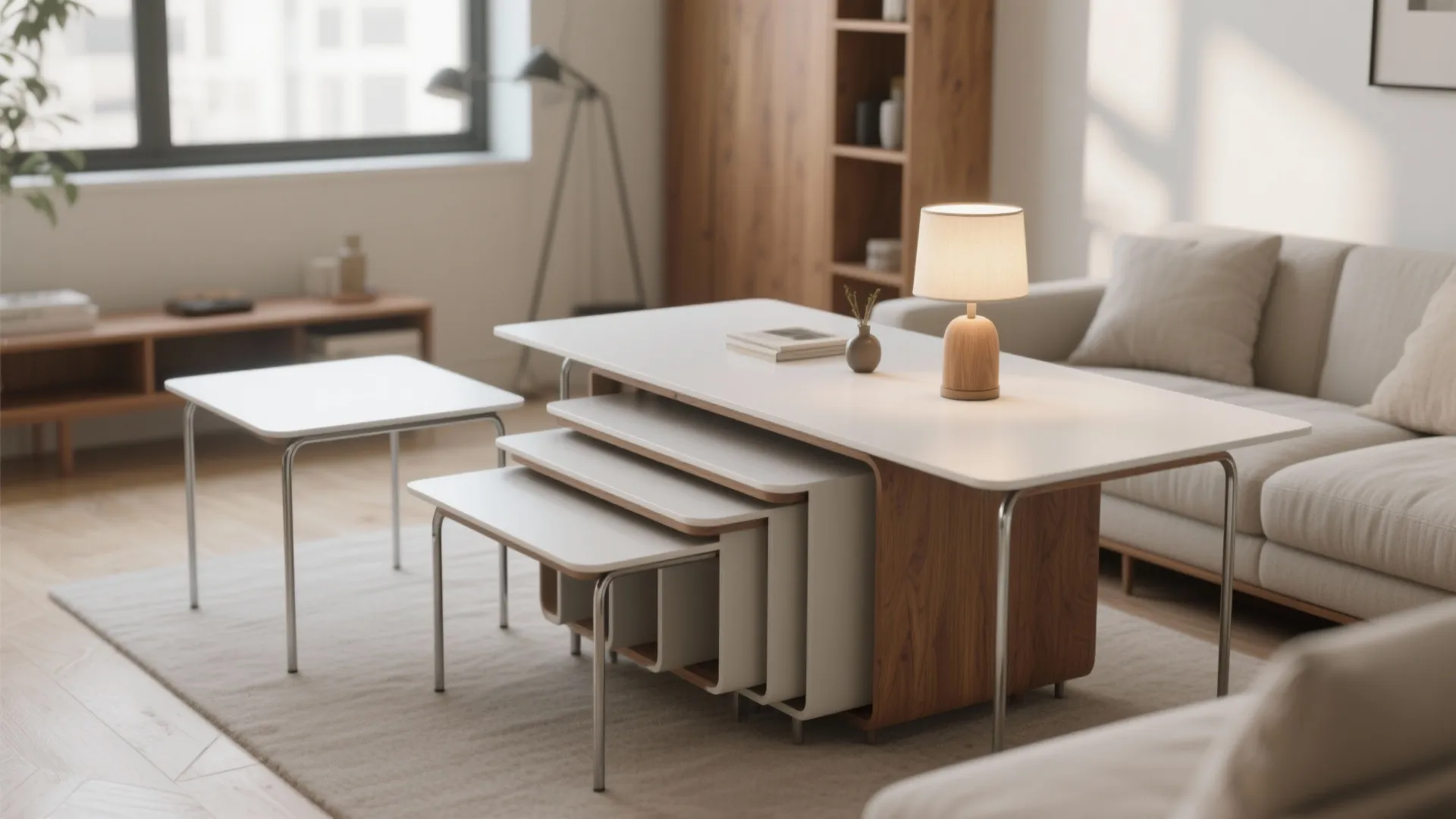 Modern white nesting tables with wood accents and table lamp in a bright living room