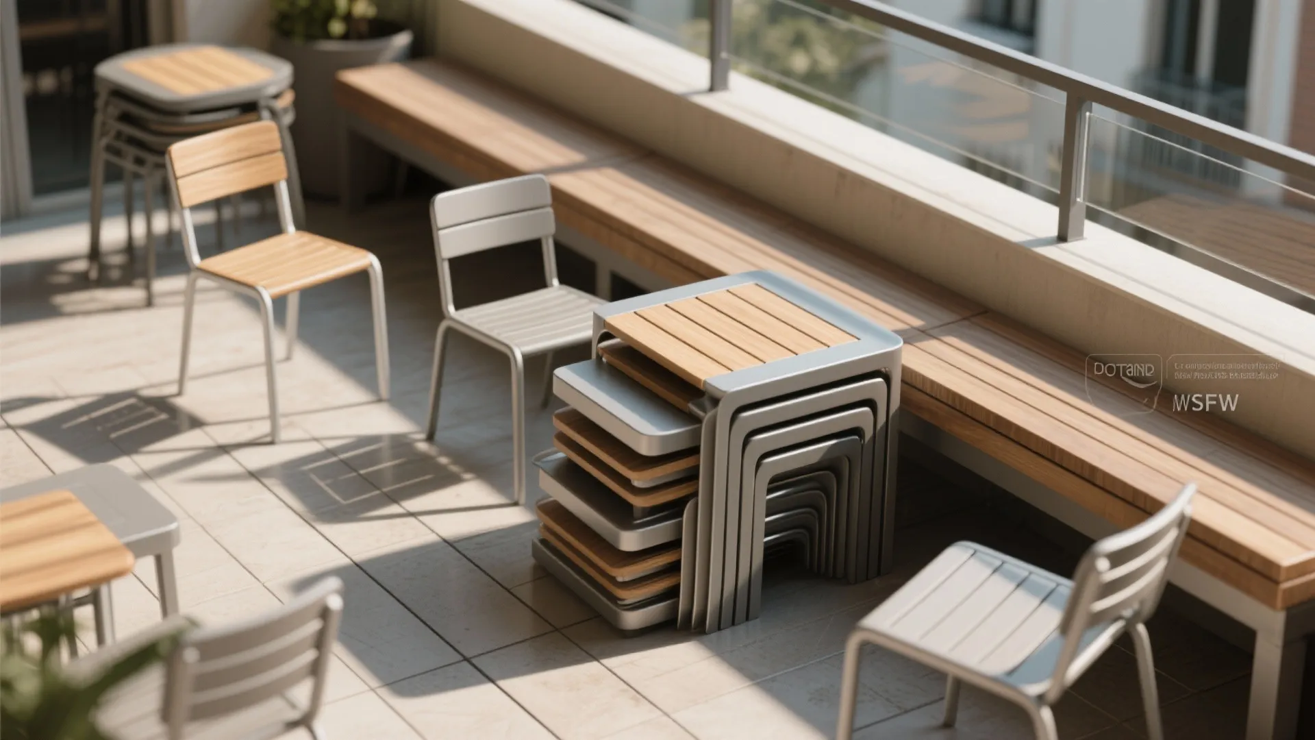 Top-down view of nesting tables and stacked chairs showing compact storage and modular surfaces.