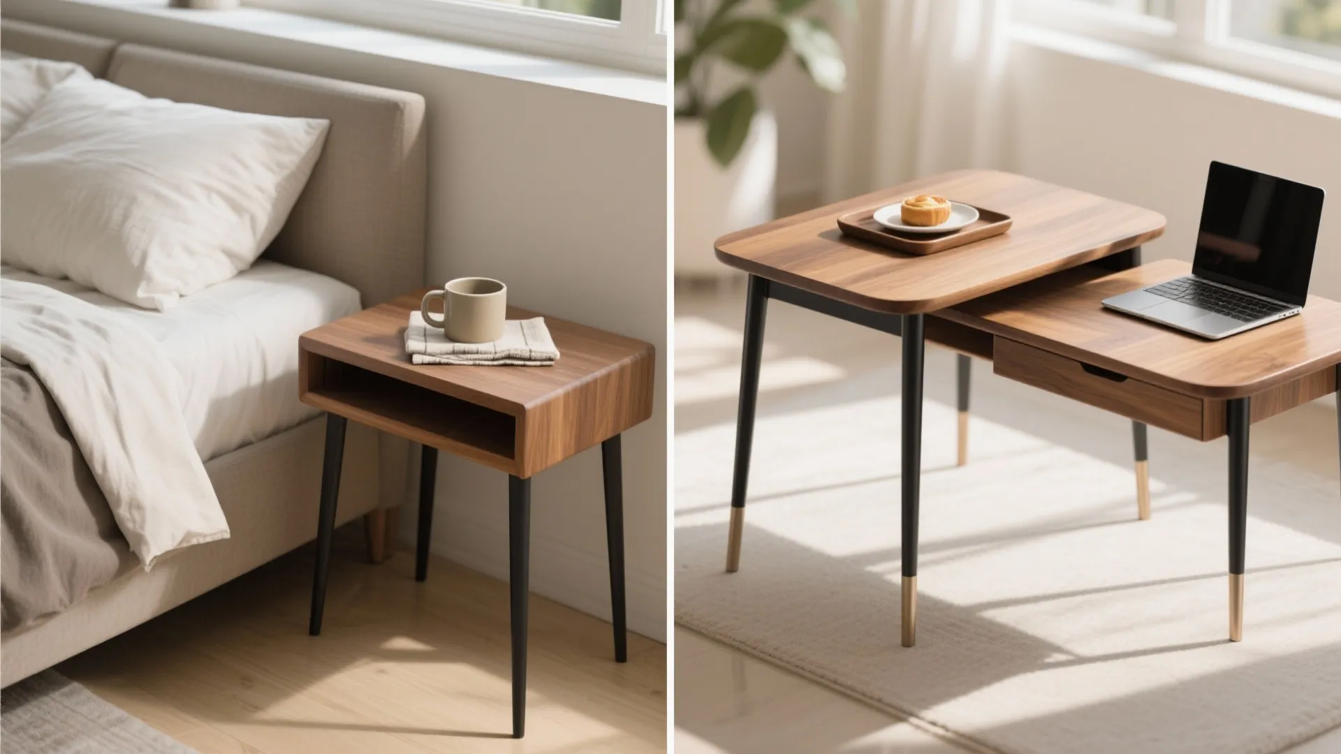 Two dark wood side tables showing one used as nightstand and other with a laptop