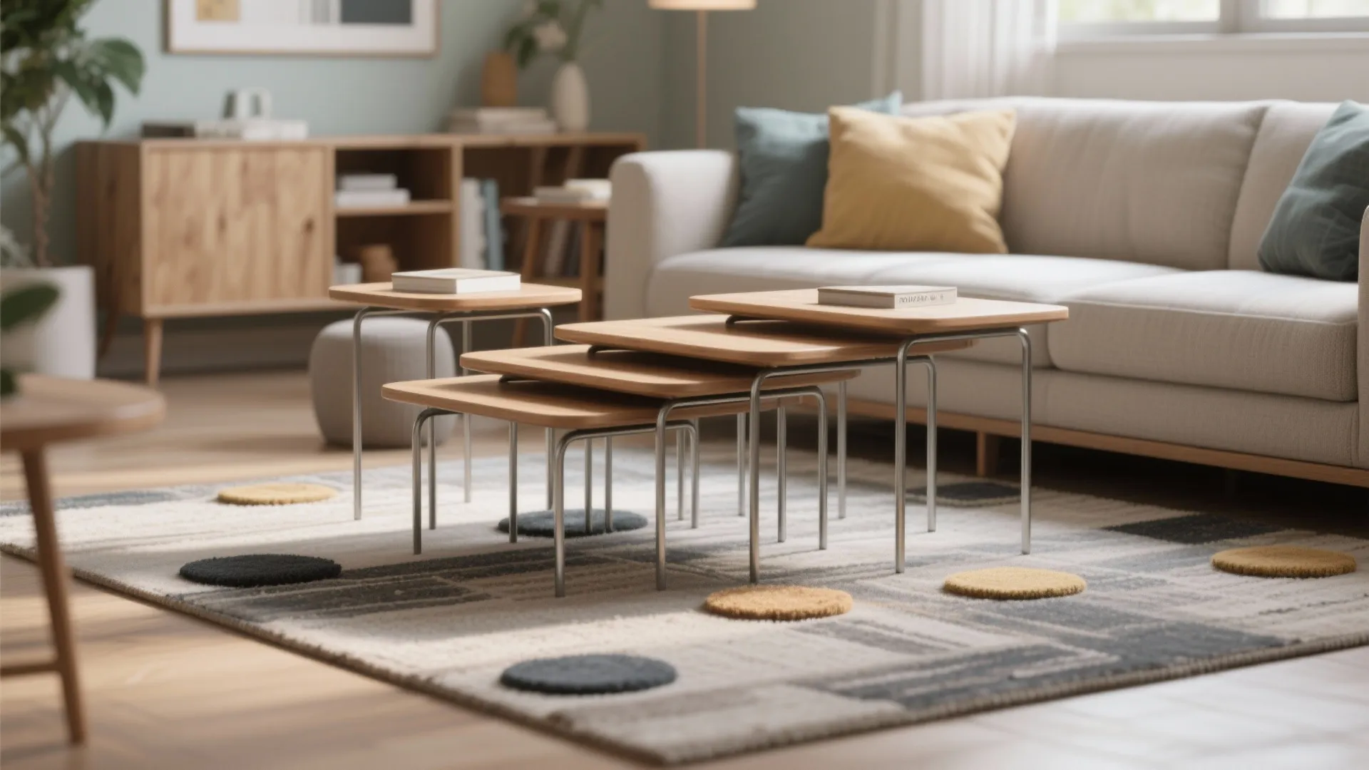 Nesting narrow tables shown both compact and spread out in a small living room setting.