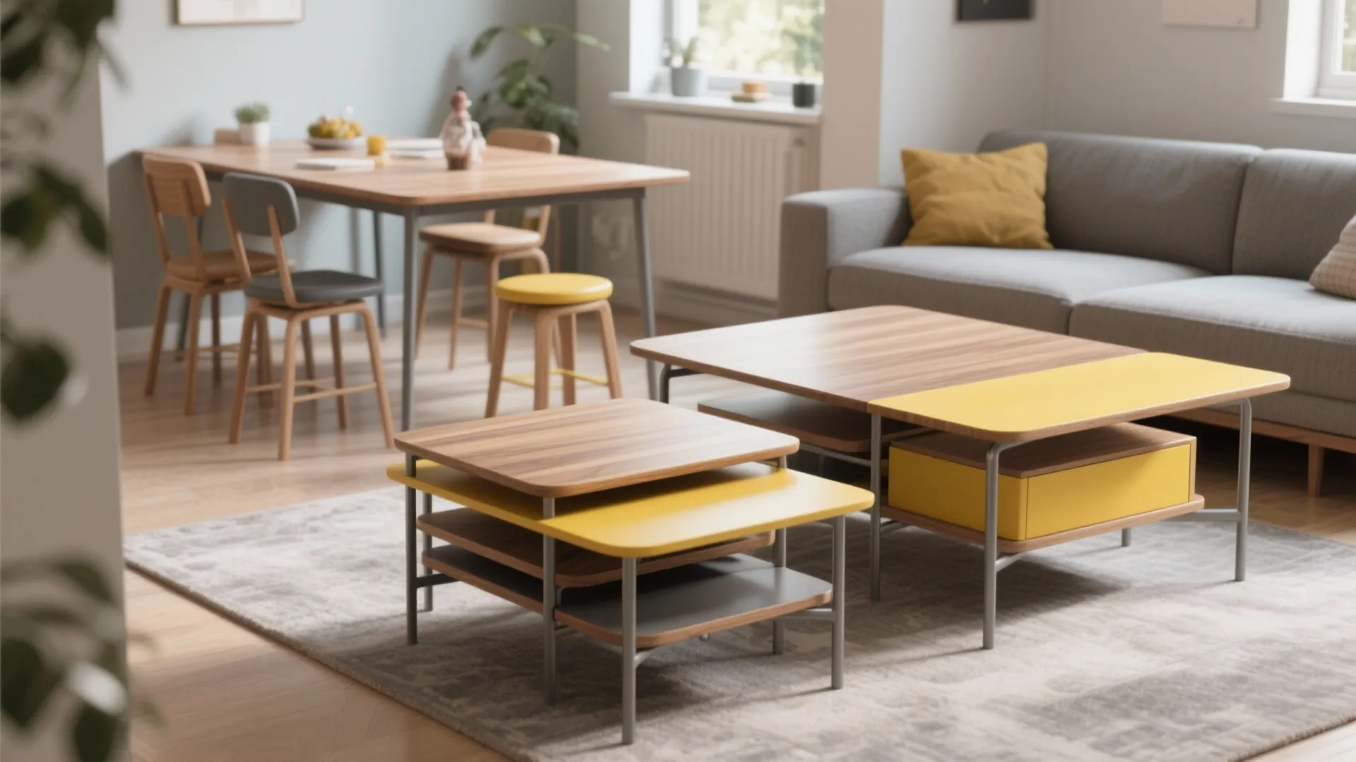 Modern living room with yellow nesting coffee tables grey sofa and wooden dining table set