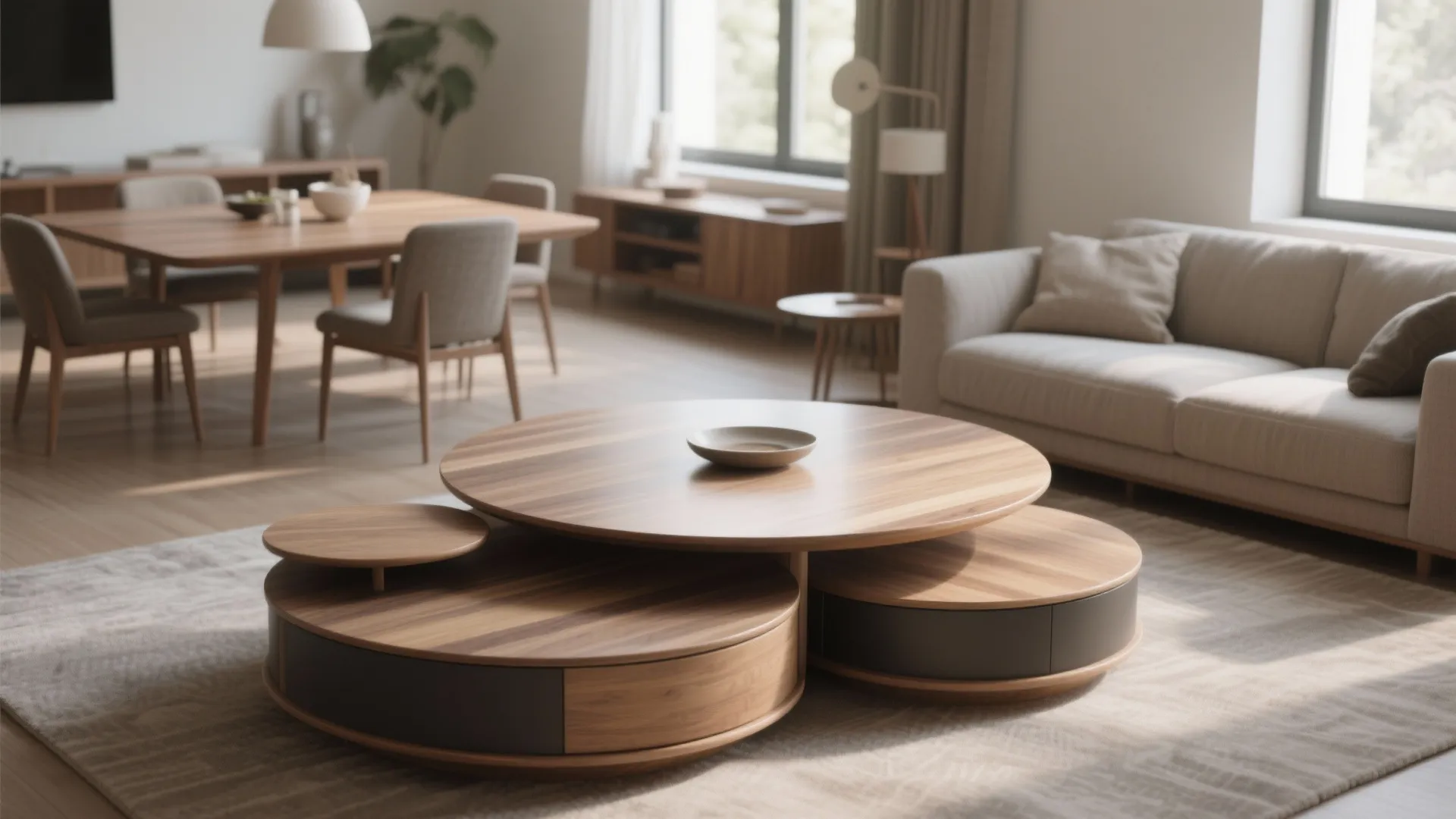 Modern living room with round wooden coffee tables sofa dining table chairs and large windows