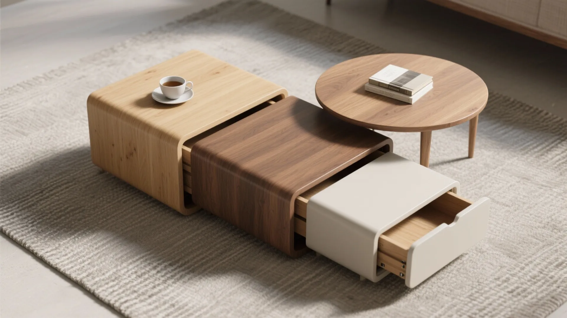 Modern nesting coffee tables with drawers on a grey rug featuring wood and white finishes