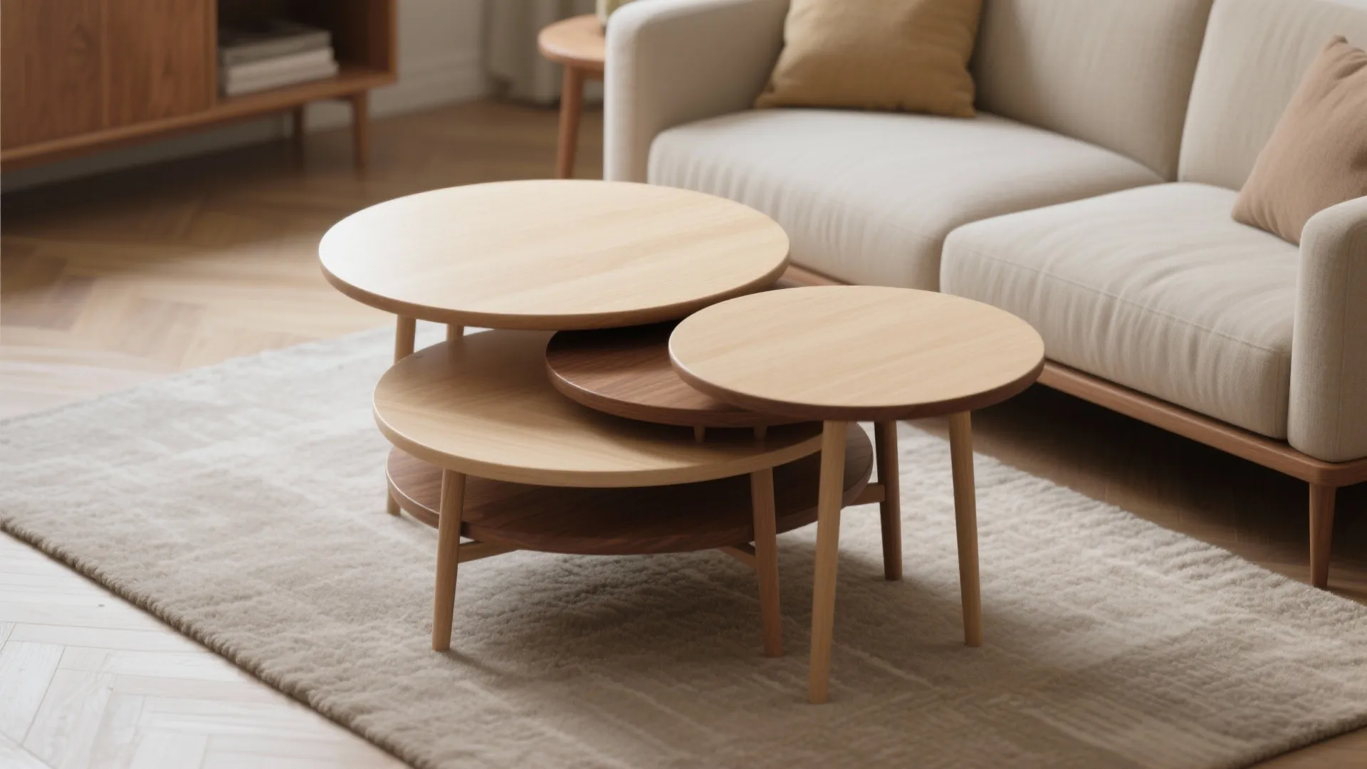 Round wooden nesting tables set of three on a beige rug in a bright room