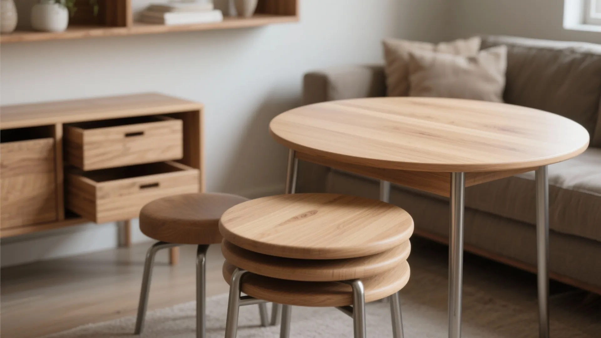Round wood nesting tables and matching stools set in a living room with grey sofa