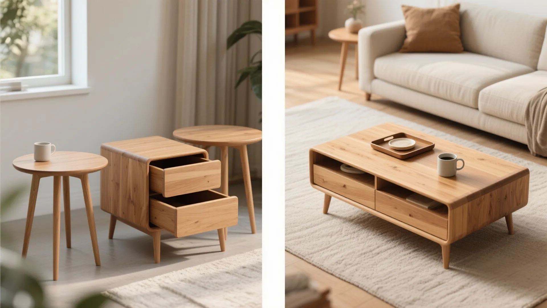 Comparison of small wooden side tables with drawers and a matching coffee table near sofa