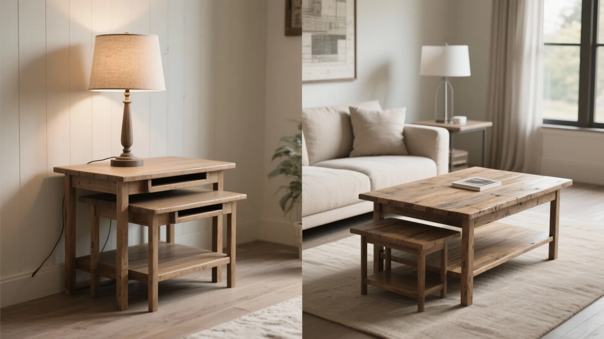 Wood side table with lamp and matching coffee table in a modern living room layout