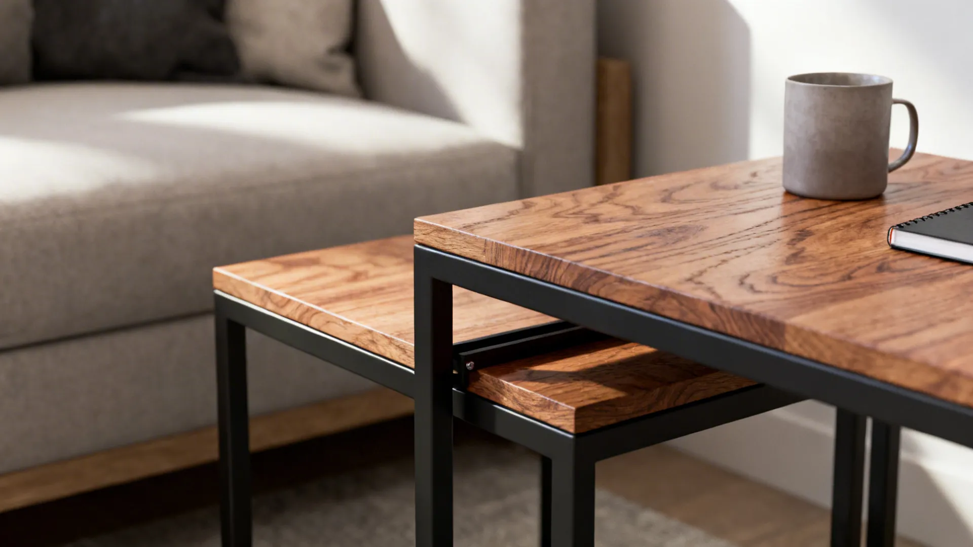 Stacked slim nesting tables with wood tops and metal legs in a small living room