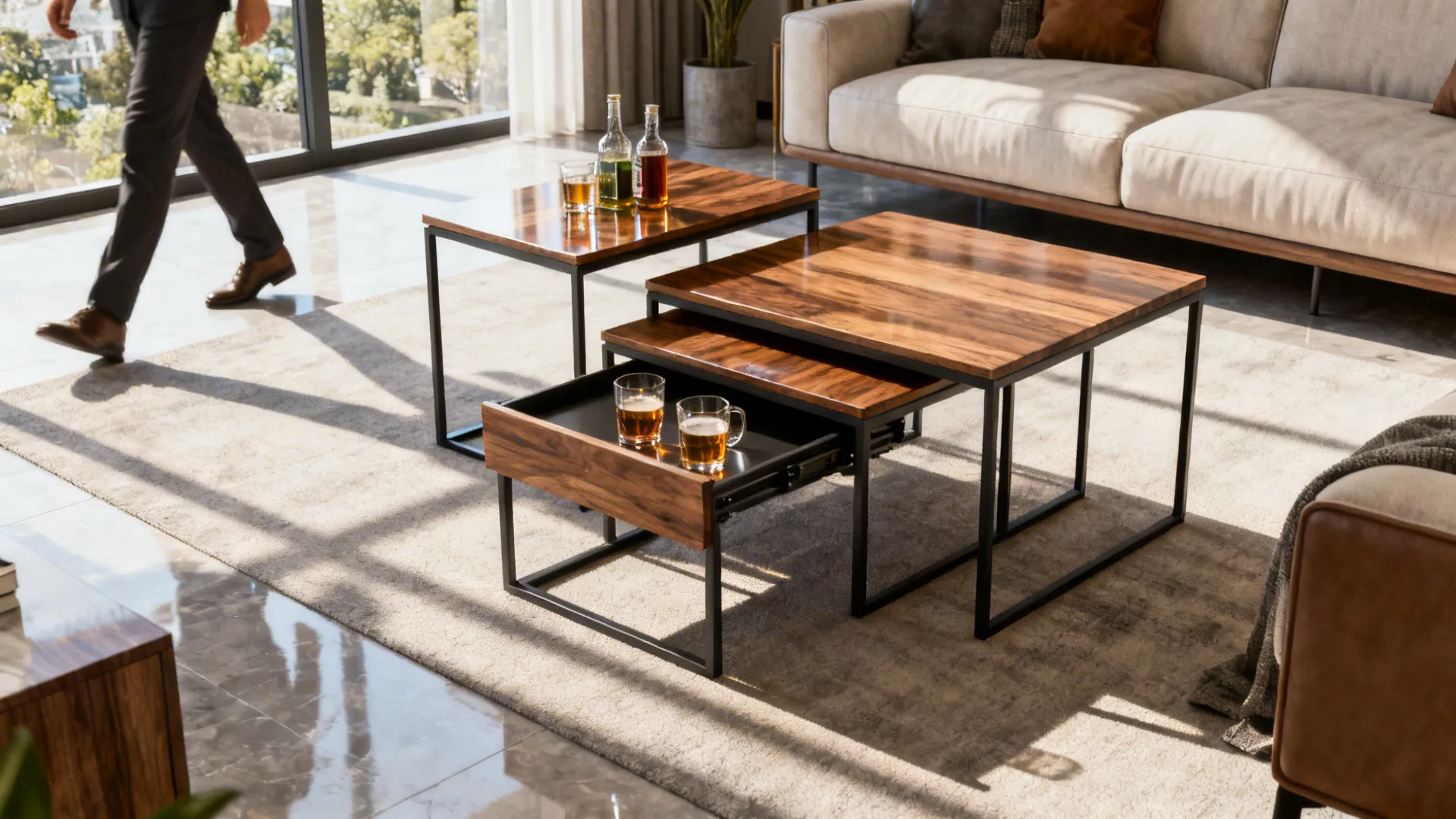 Nesting side tables stacked and partially pulled out with drinks on top in a living room