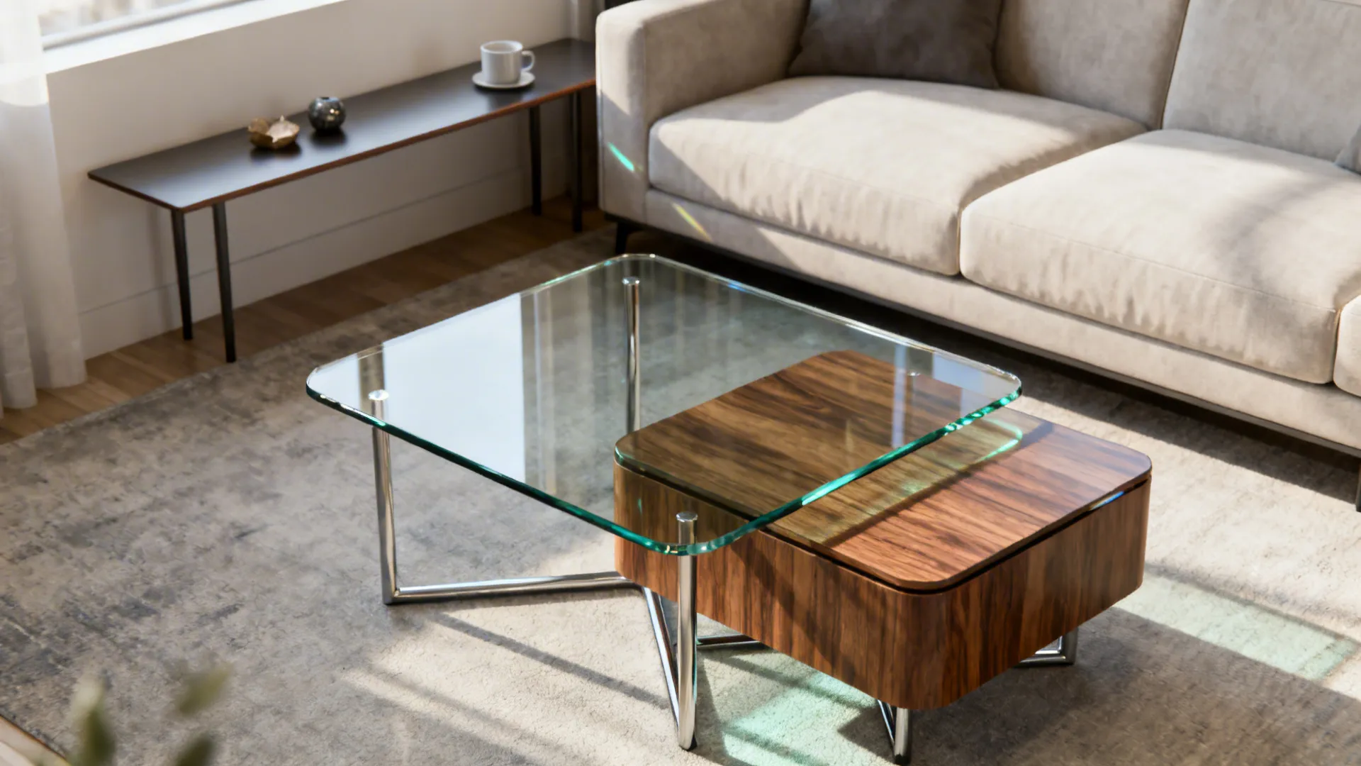 Nesting coffee tables and a slim console in a compact living area