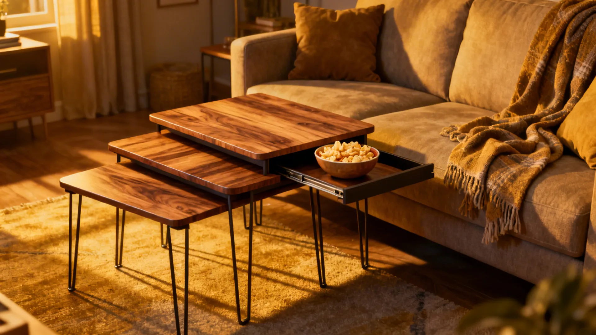 Three wooden nesting tables with black legs standing next to a sofa with a snack bowl