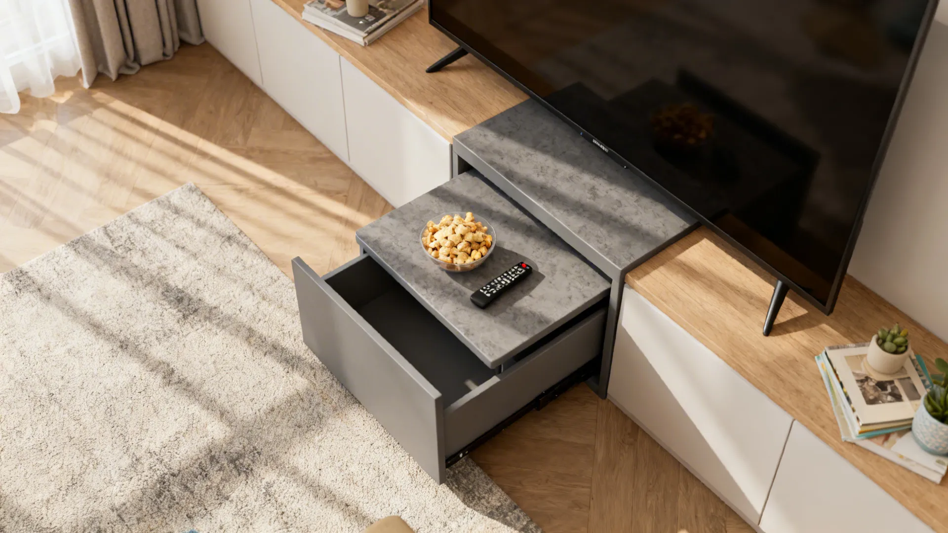 Gray nesting end tables in a TV nook partially nested and pulled out for extra surface