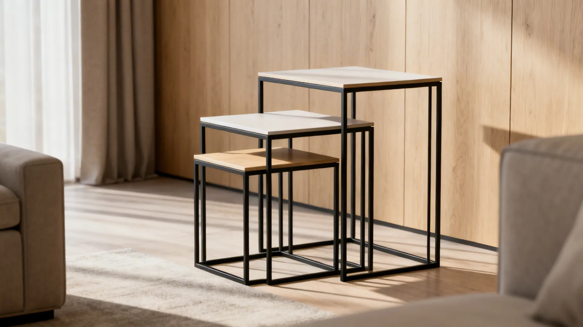 Nesting coffee tables in a small living room, showing compact and expanded configurations