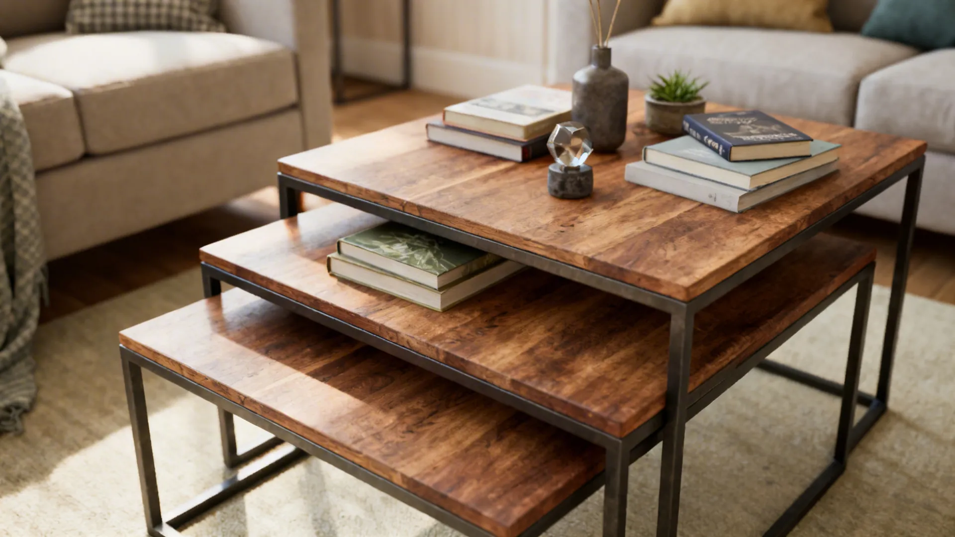 Multi-tiered nesting coffee tables showing wood and metal textures
