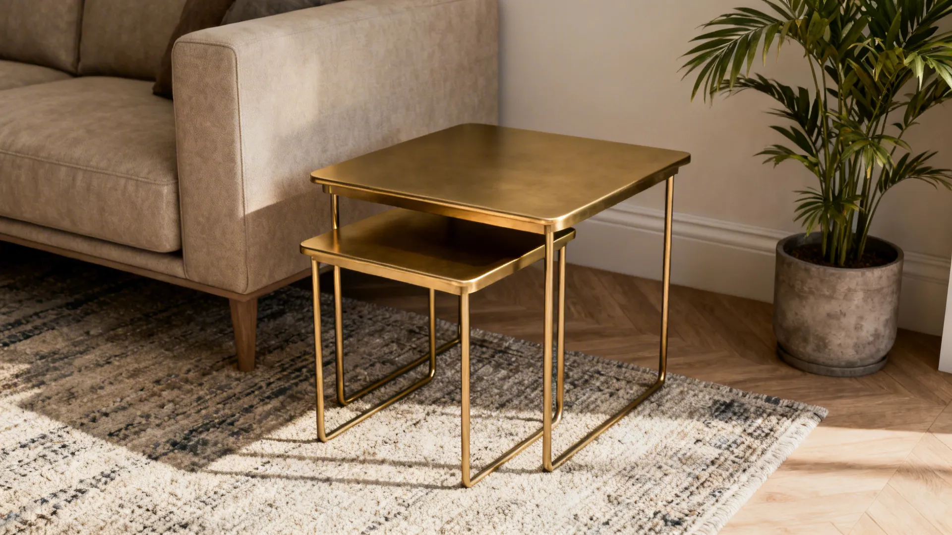 Nested brass metal end tables in a small living room corner with sofa and plant.