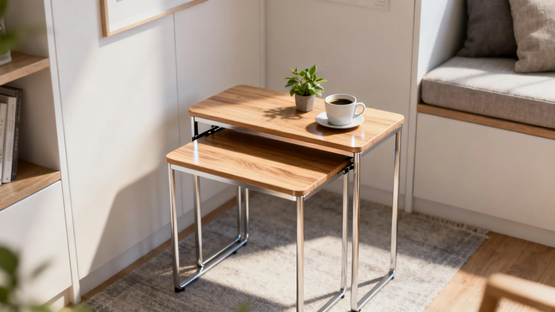 Pair of wooden nesting tables with metal legs holding white coffee cup and small green plant