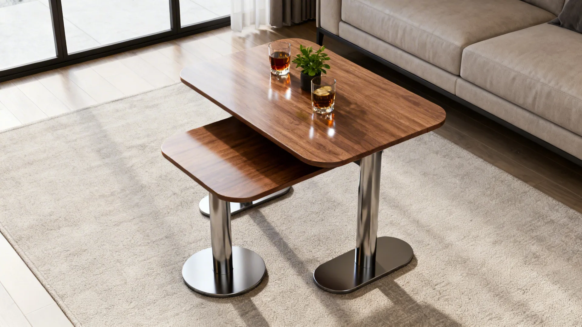 Staggered nesting tables in a small living room saving floor space with weighted bases