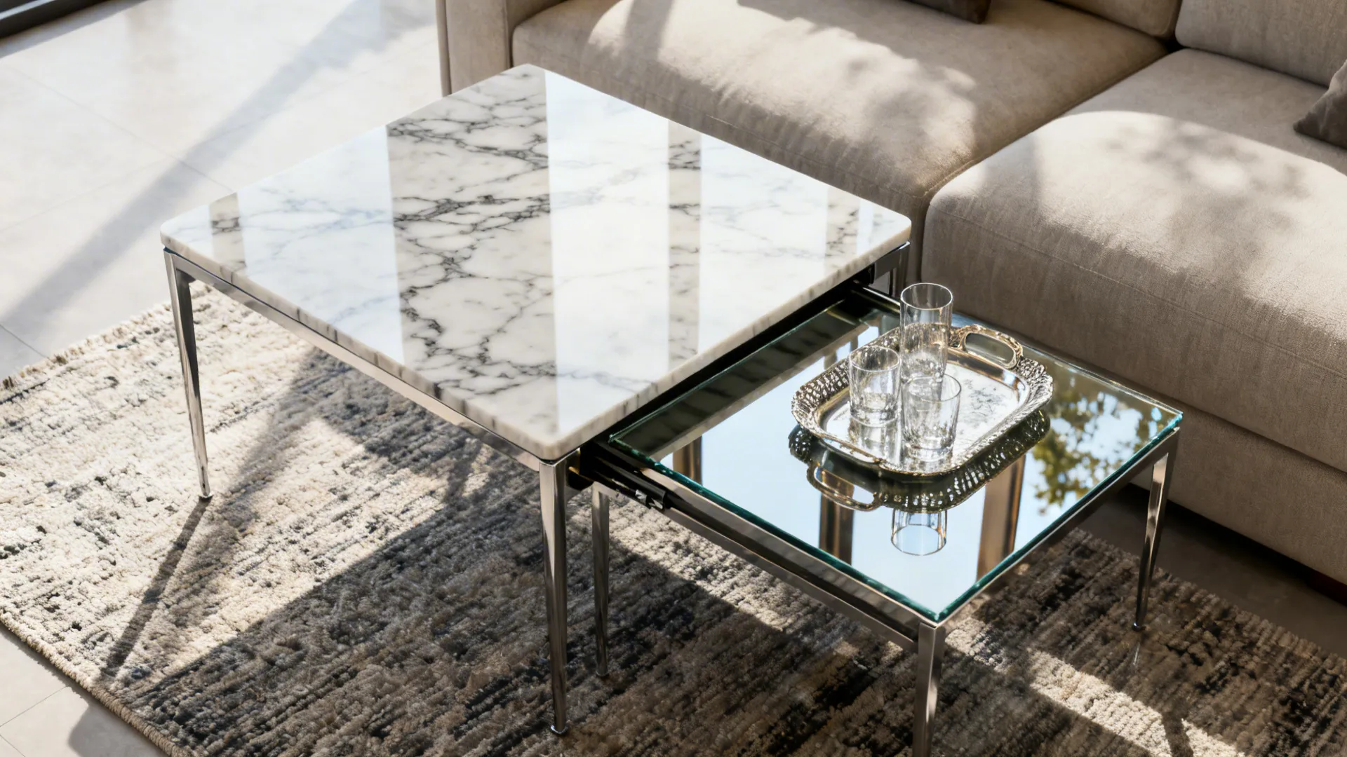 Nesting side tables with marble and tempered glass tops beside a sofa, one pulled out for use.