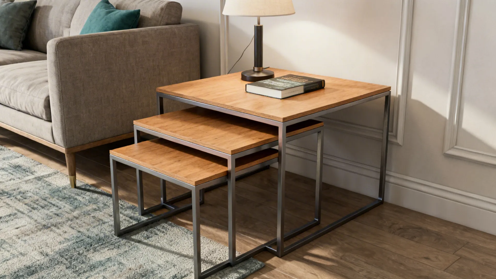 Three wood and metal nesting tables next to a grey sofa with lamp and book