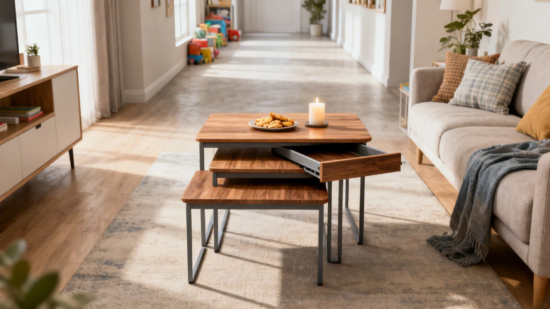 Nesting wooden coffee tables with metal legs a lit candle cookies and one open drawer