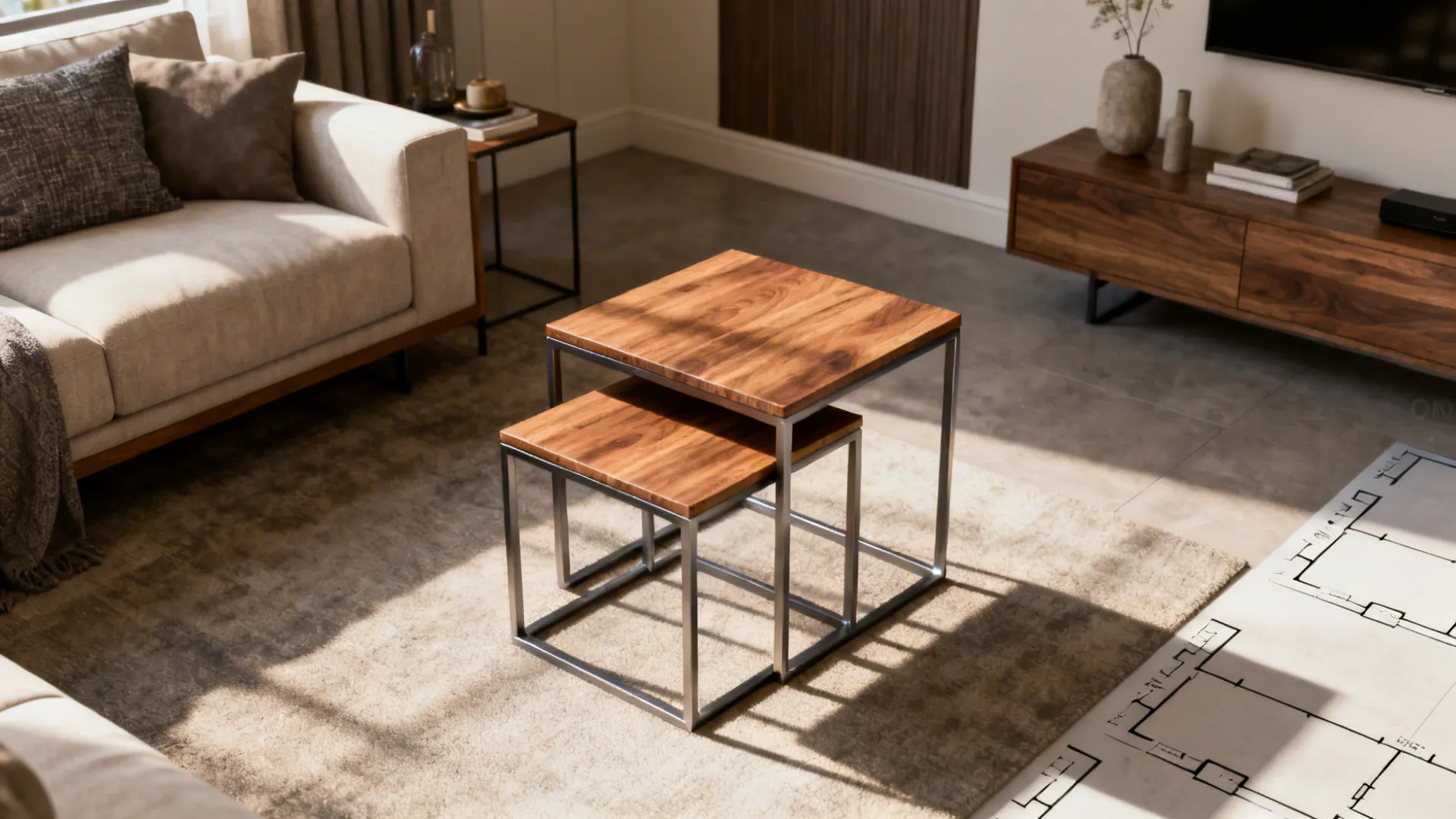 Set of wood-and-metal nesting tables in a living room, some stacked and some separated