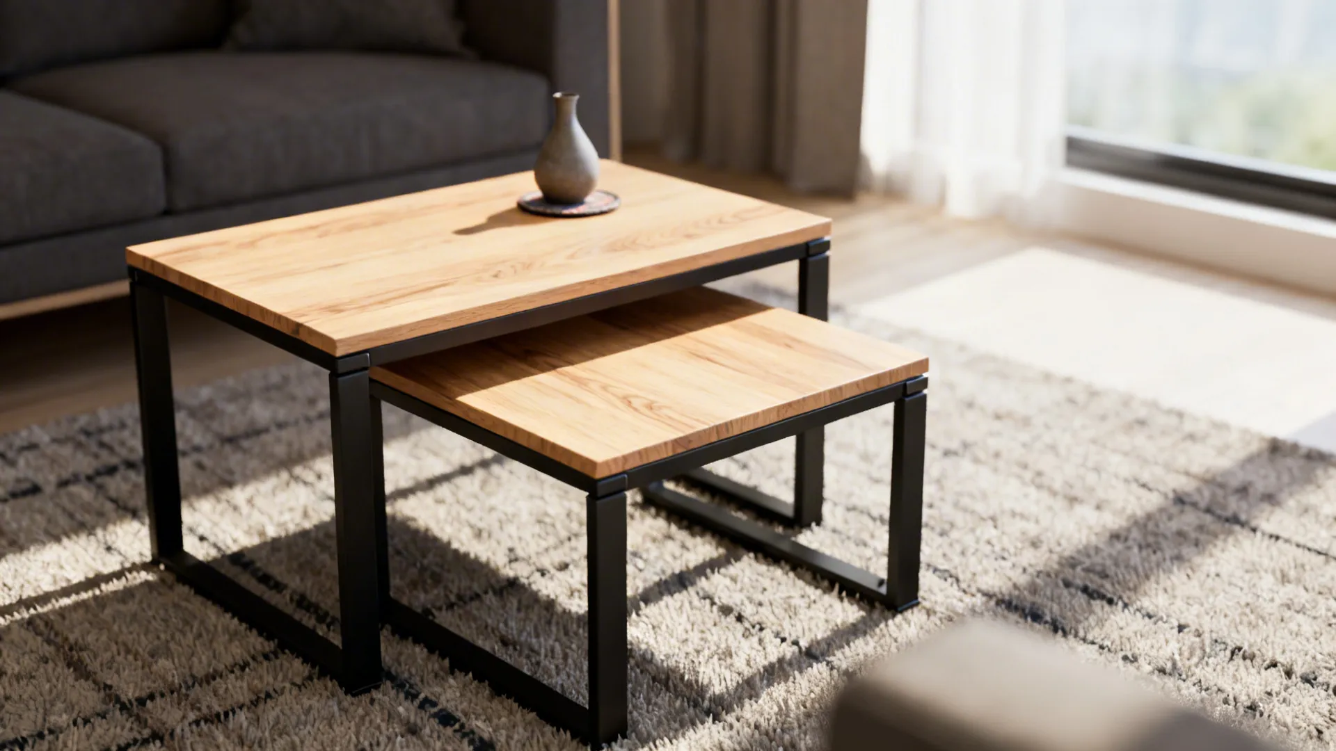 Mixed wood and metal nesting tables in a small living room with one table pulled out