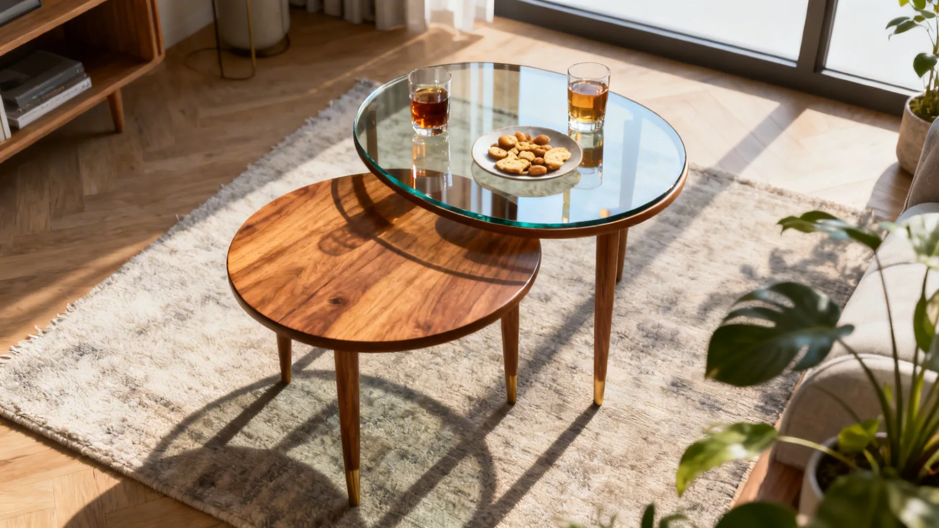 Two nesting tables in a small living space, one wood and one glass, styled for entertaining with drinks.