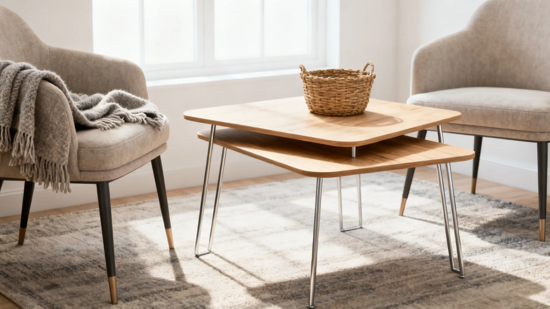 Nesting tables beside slim-legged armchairs with layered textiles in a small living area