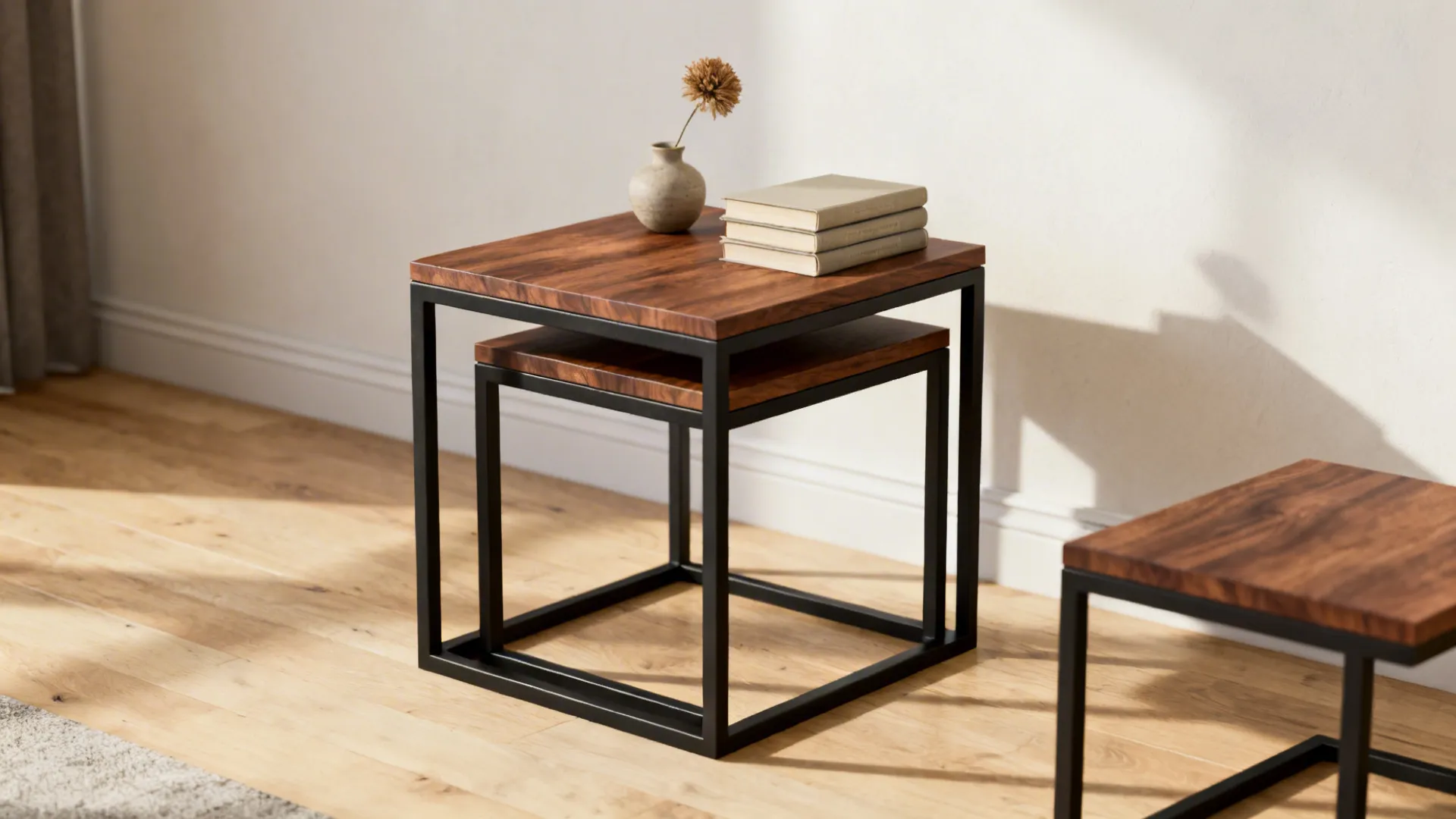 Nesting tables in walnut and black metal, one pulled out to show versatility in a small living room