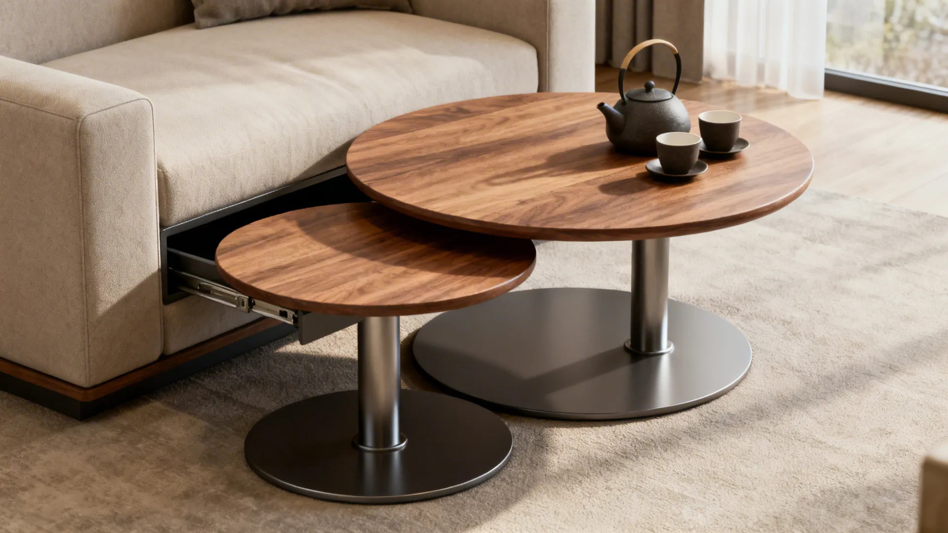 Two round wooden coffee tables next to a beige sofa with a teapot and cups