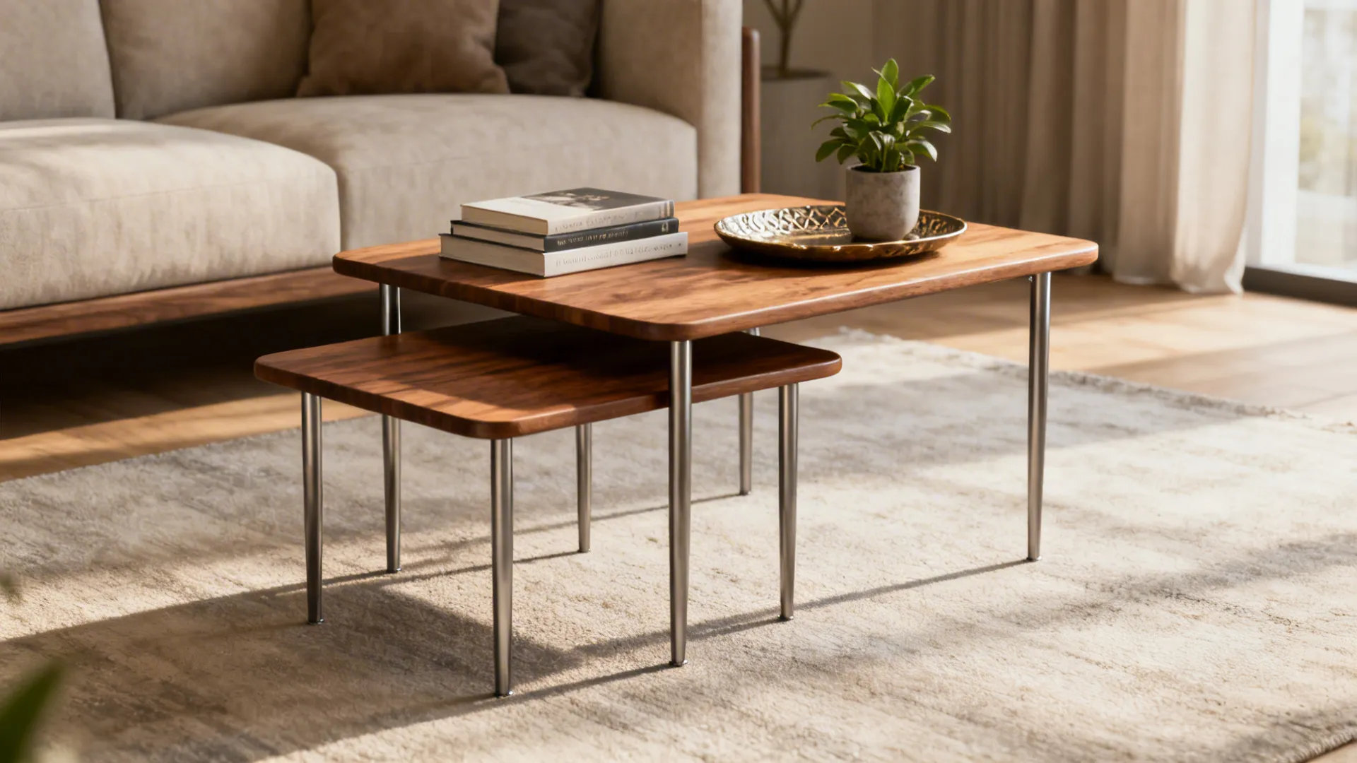 Modern wooden nesting coffee tables with metal legs placed on rug near a soft sofa