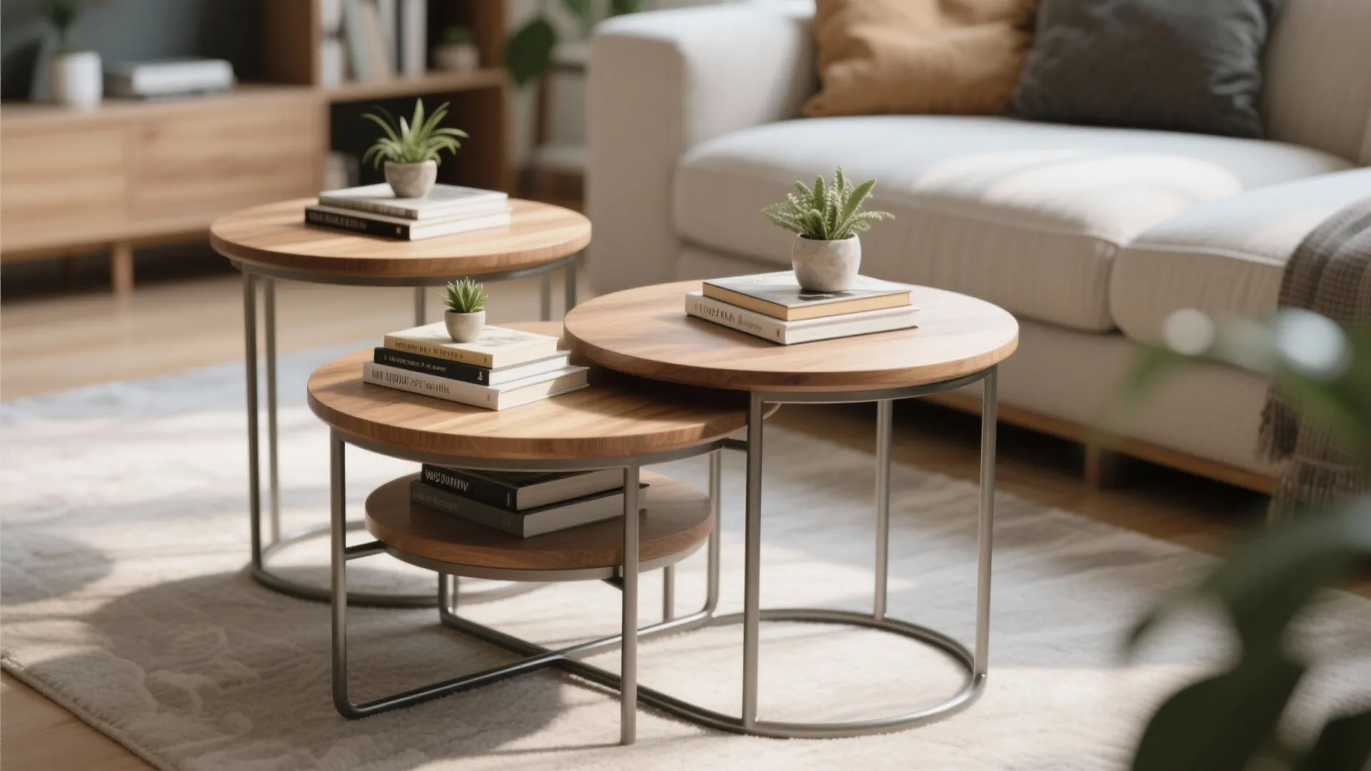 Modern nesting coffee tables with wooden tops and metal frames featuring books and small plants