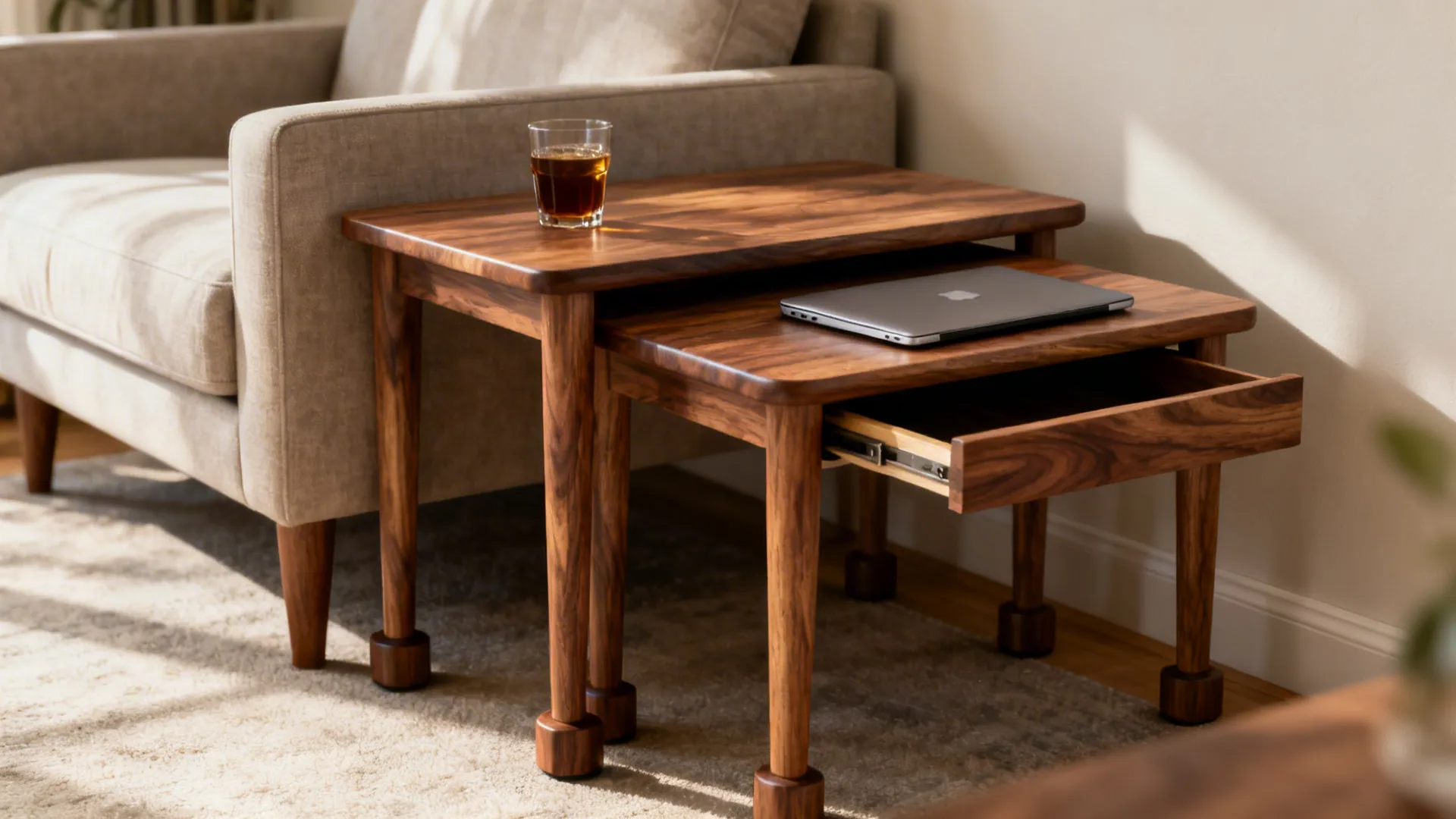 Wooden nesting tables of varying heights shown pulled out next to a sofa with a laptop and drink.
