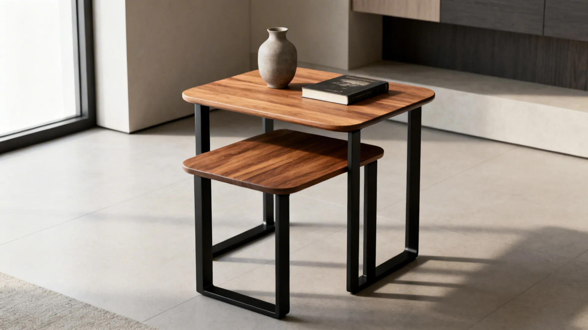 Nesting coffee tables with contrasting finishes in a small living room, styled simply with vase and book
