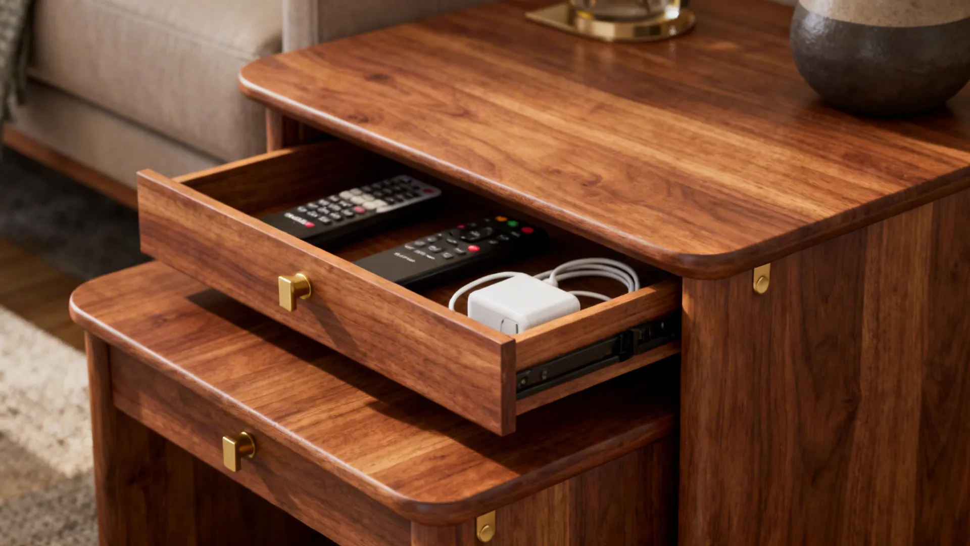 Nesting end tables with a slim pull-out drawer open showing neatly stored remotes and chargers.
